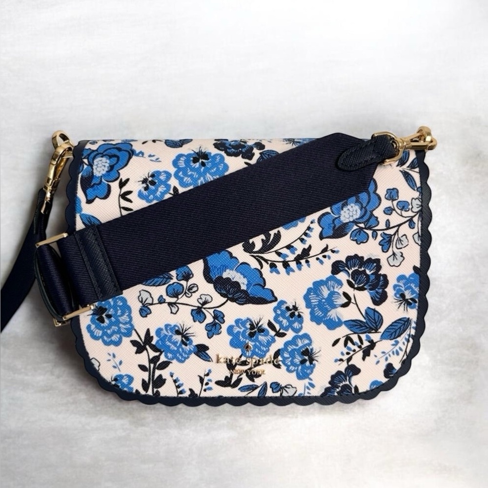 Kate Spade Madison Floral Printed Saddle in blue multi Saffiano Bag NWT